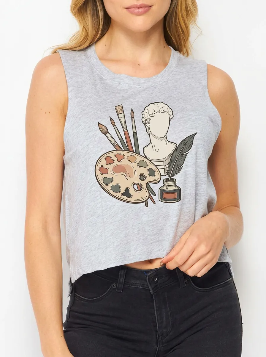 Women's Artist Lover David Statue Paintbrush Printed Crop Tank Top
