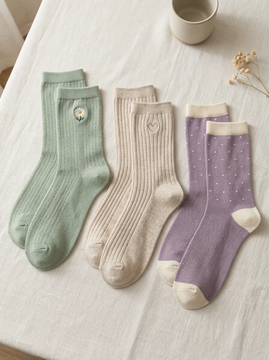 Women's Daisy Heart Polka Dot Embroidered Ribbed Socks Set