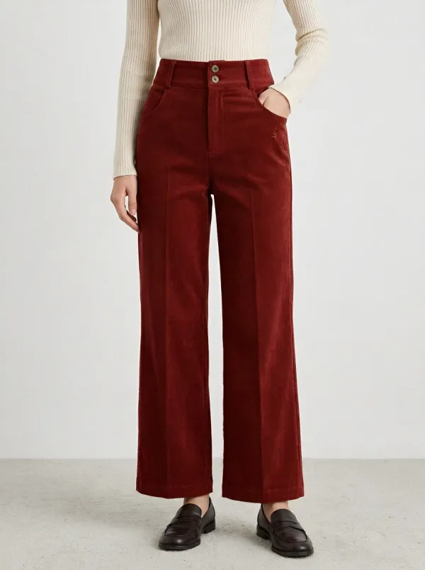 Women's Vintage Style Olive Green Embroidered Corduroy Pants
