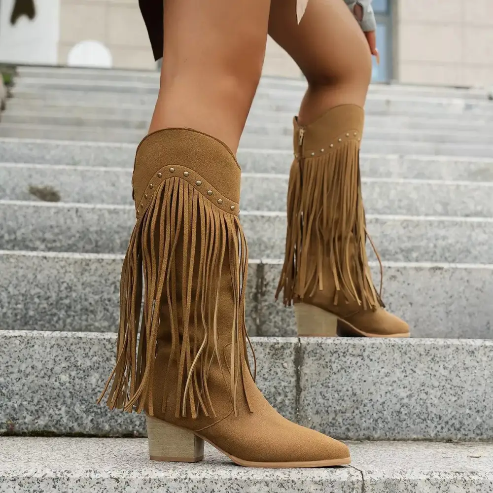 Classic Fringe Point Toe Block Heels Boots
