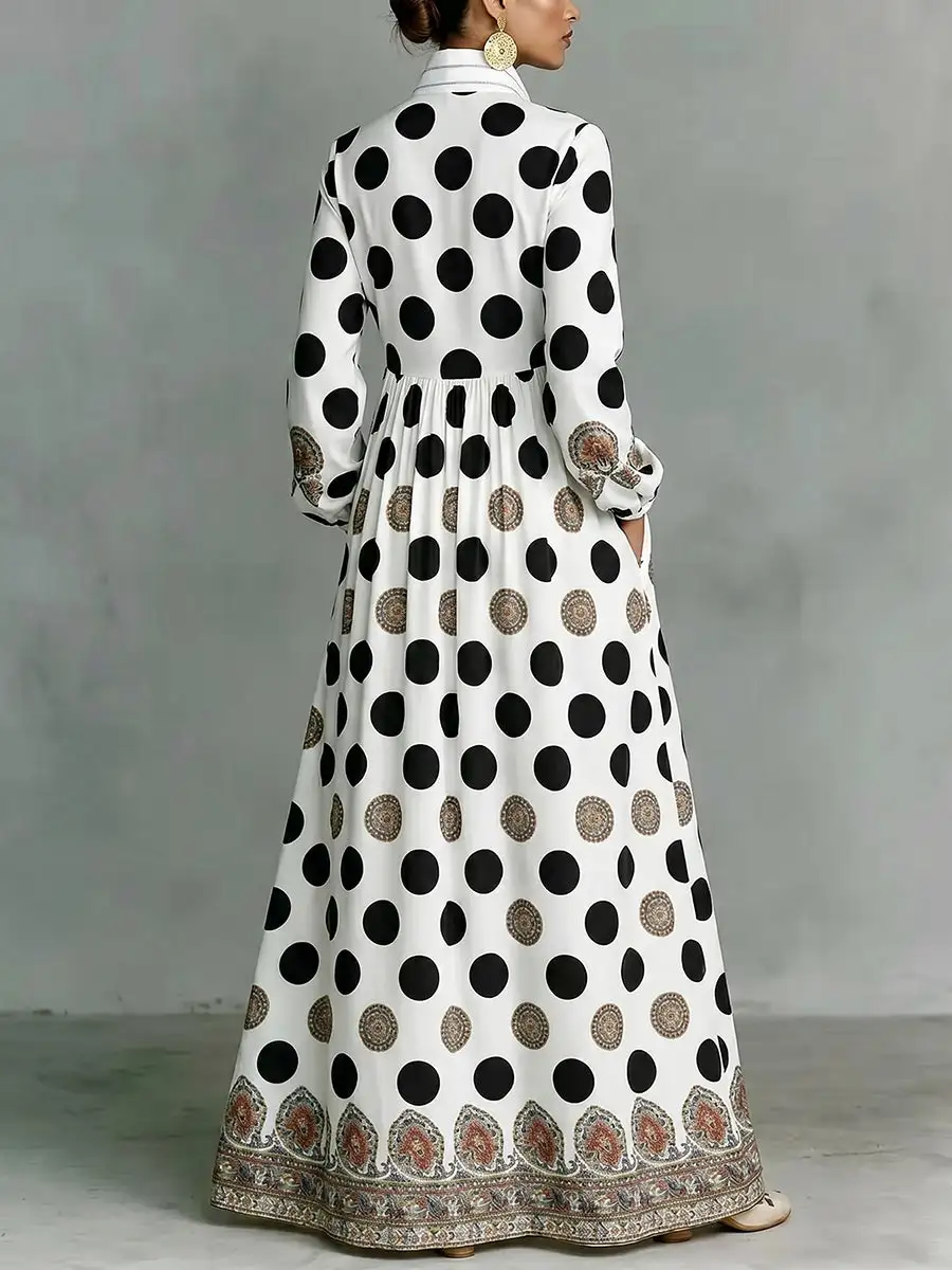 Pleated Polka Dot Buttoned Long Maxi Dress