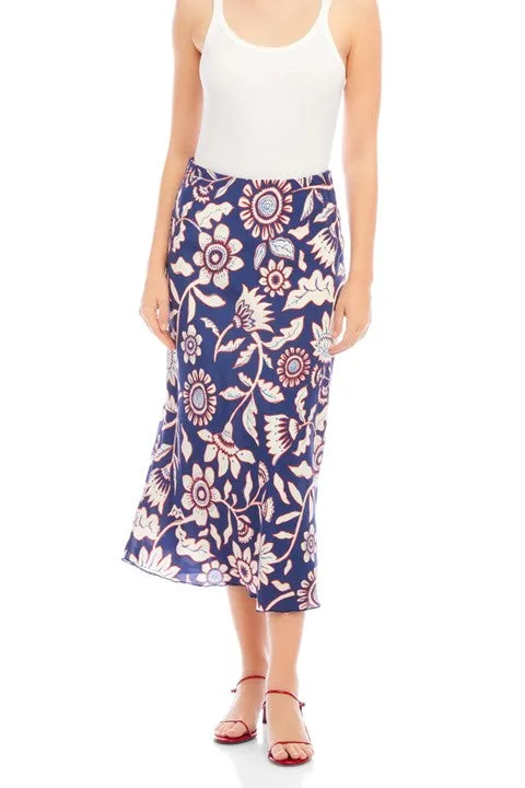 Women's Blue Floral Print Bias Cut Midi Skirt