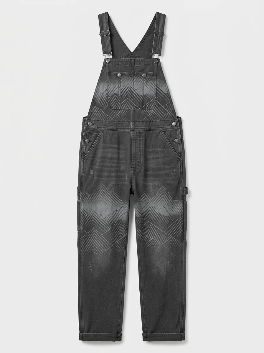 Mountain Print Denim Graphic Print Overalls