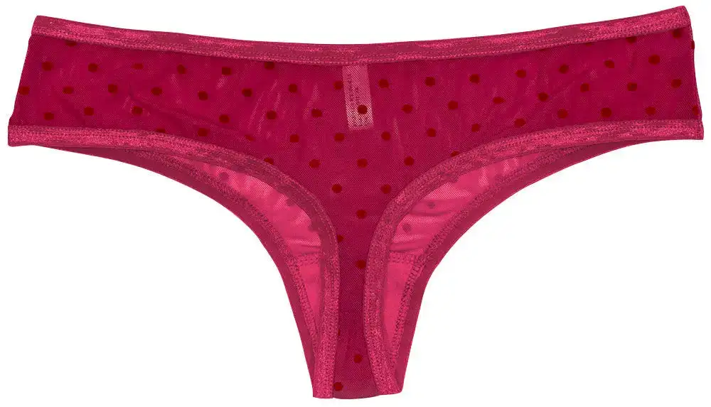Satin-Trim Mesh Polka-Dot Thong Panty