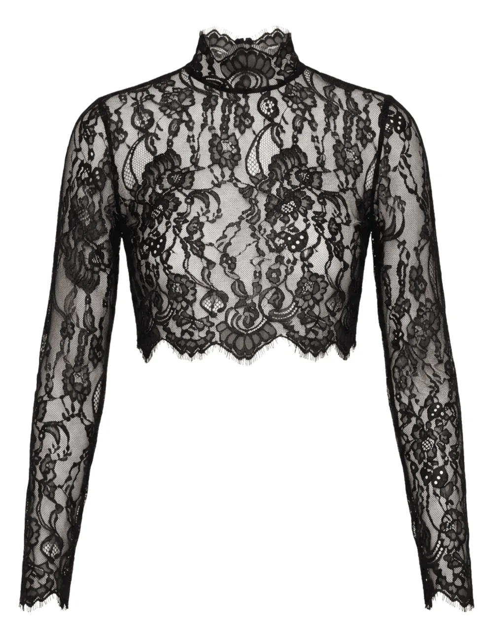 Satin Lace-Trim Floral-Print Cropped Long-Sleeve Top
