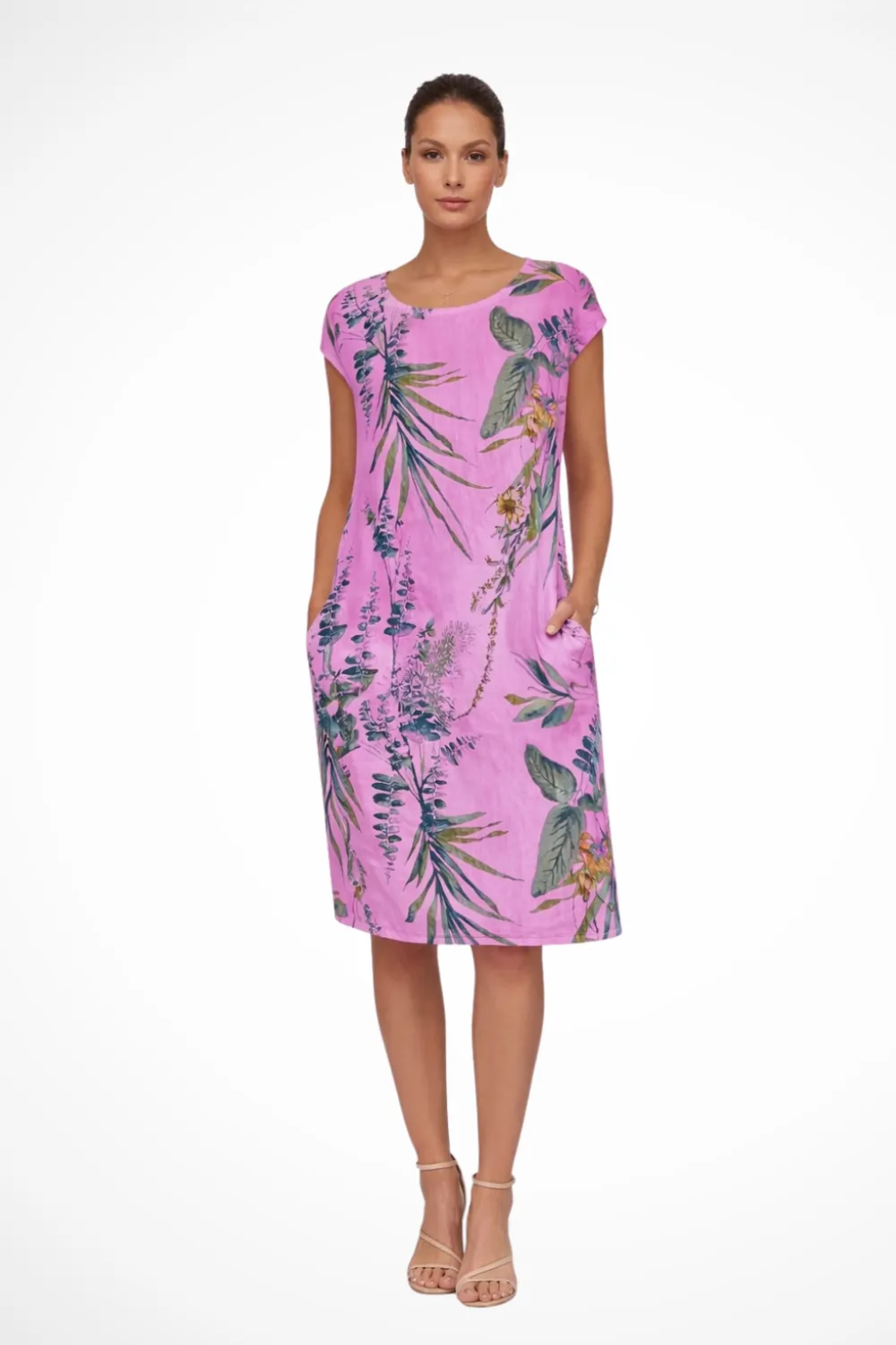  Casual Relaxed Fit Botanical Print Midi Dress