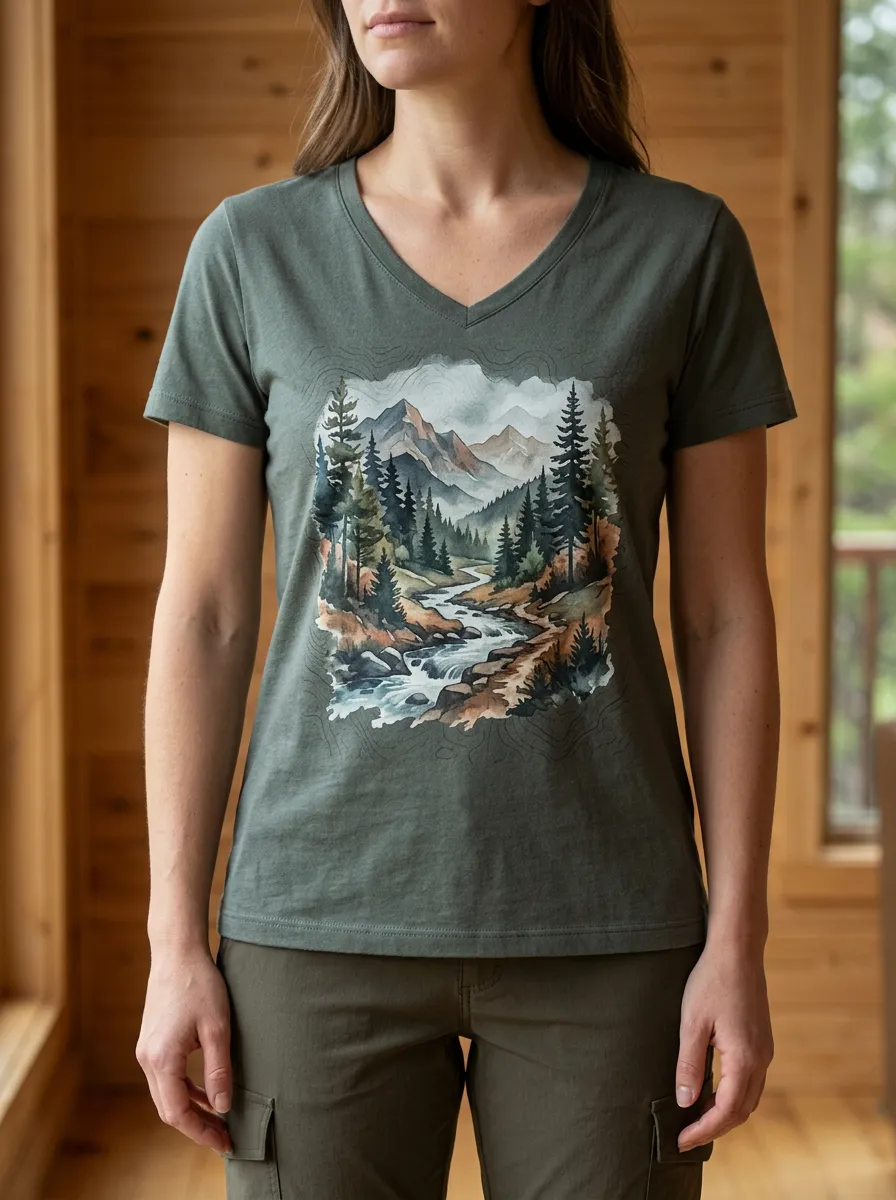Women's Wilderness Nature Lover Mountain River Forest V-Neck T-Shirt