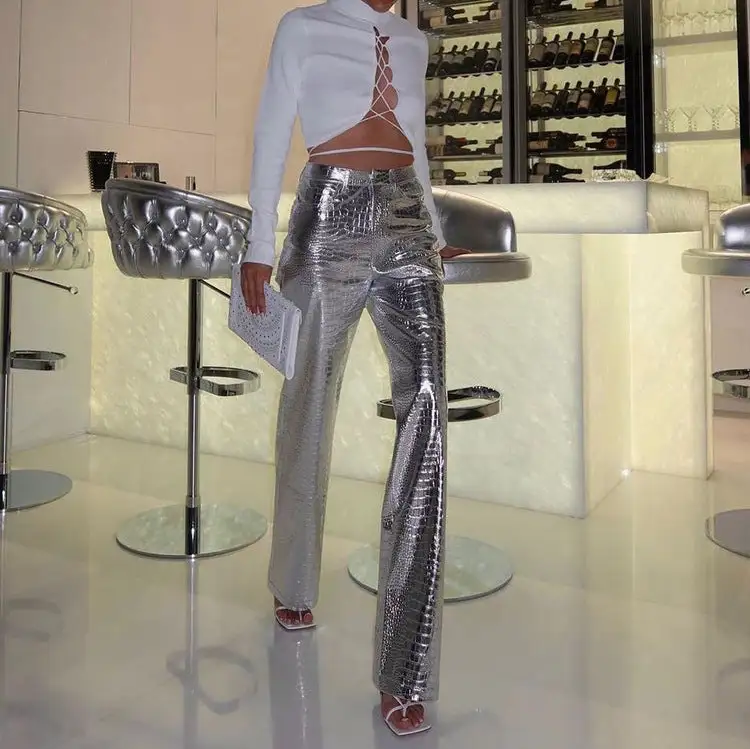 Shiny Layered Loose Trousers Denim Pants