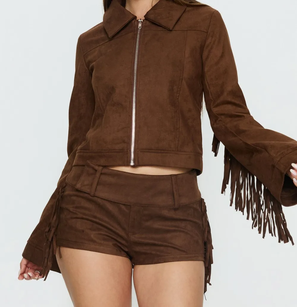 Chocolate Brown Faux Suede Fringe Collared Jacket