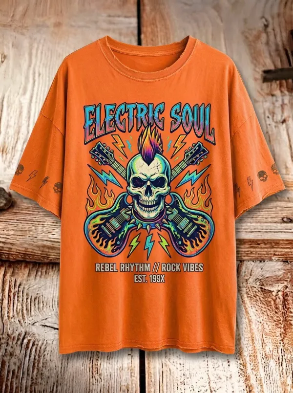 Unisex Rock Music Lover Electric Skull Guitar Printed T-shirt