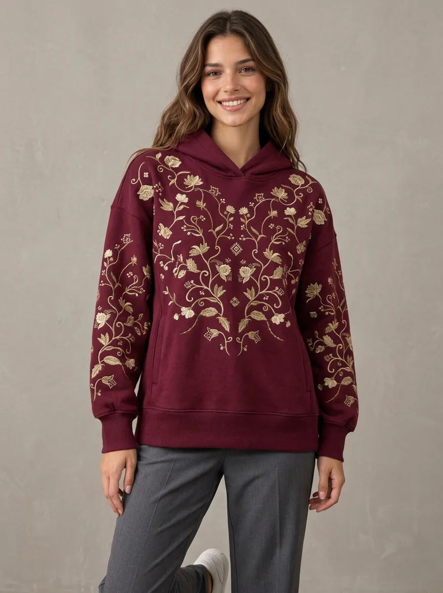 Women's Easy Comfort Botanical Floral Embroidered Graphic Hoodie