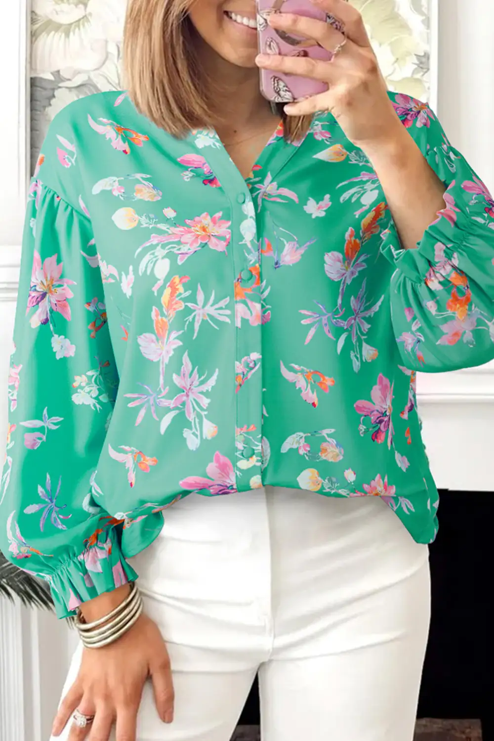 Green Floral Lantern Sleeve Button Front Shirt