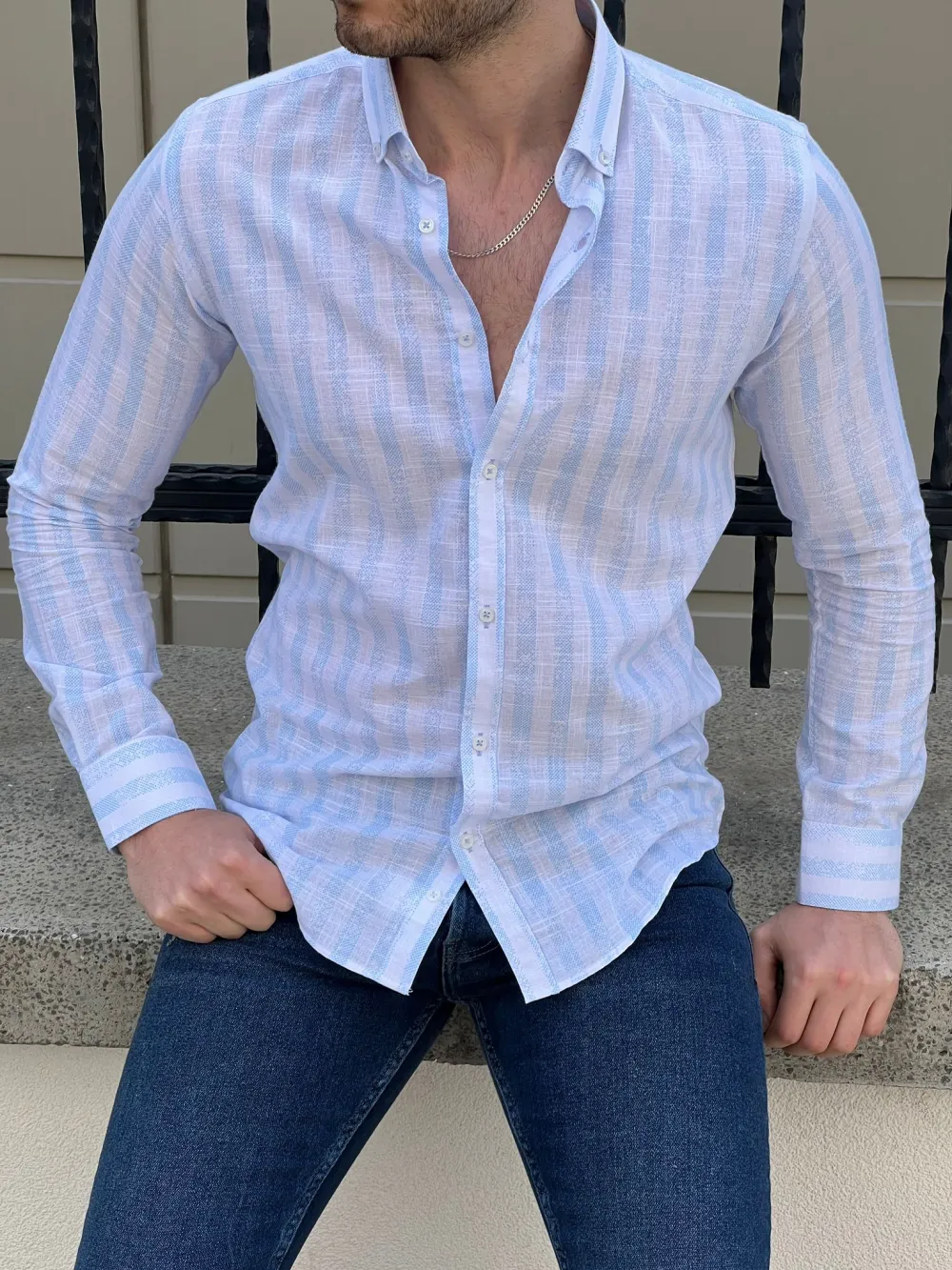 Contemporary Button Collar Slim Fit Striped Cotton Casual Shirt