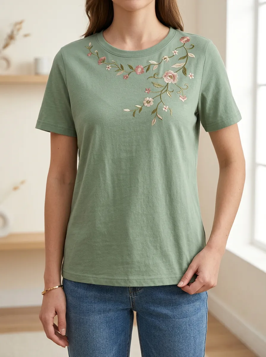 Everyday Floral Print Embroidered Detail Women's Short Sleeve Tee