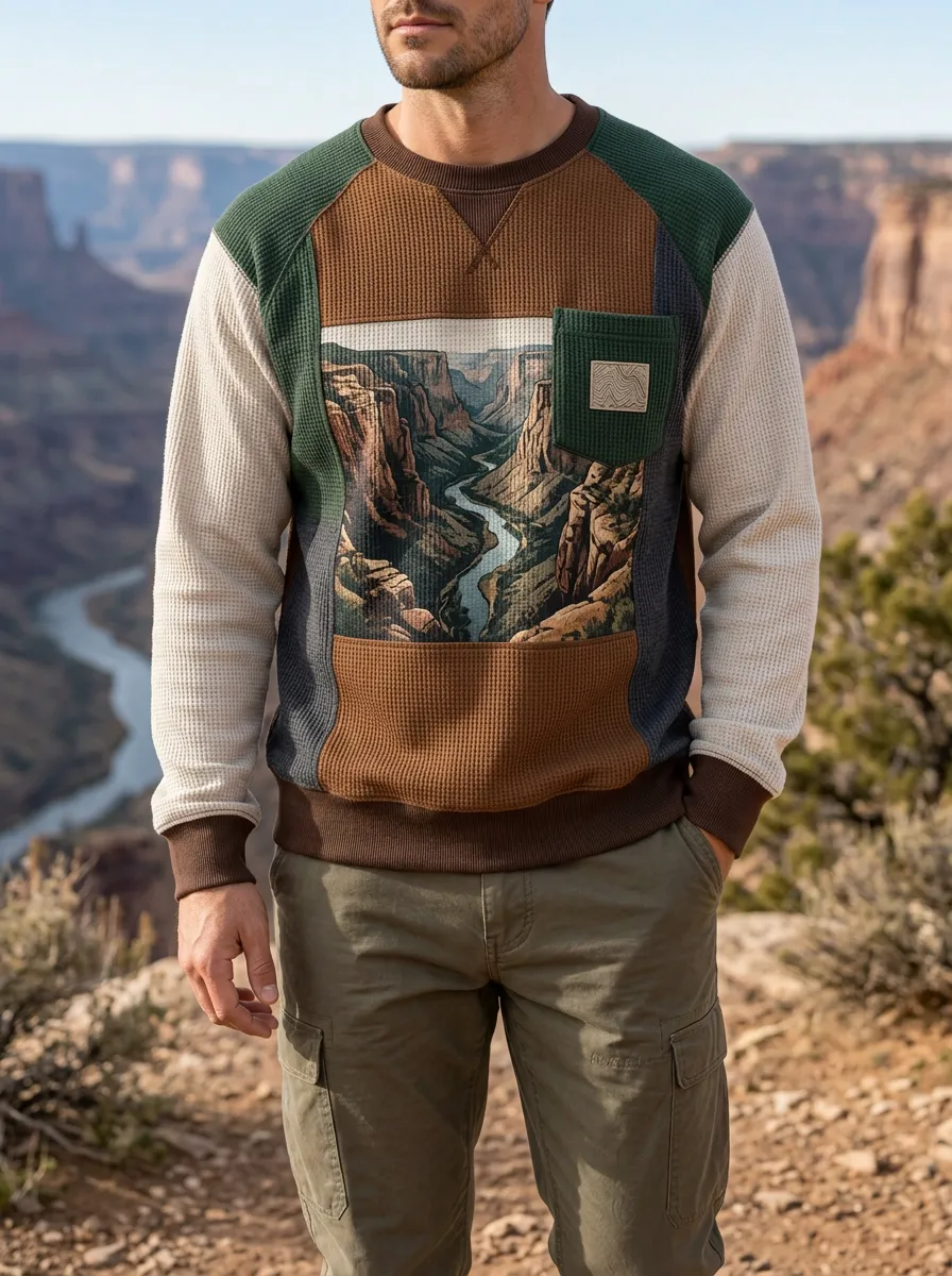 Men's Canyon Landscape Nature Lover Printed Waffle Knit Sweatshirt