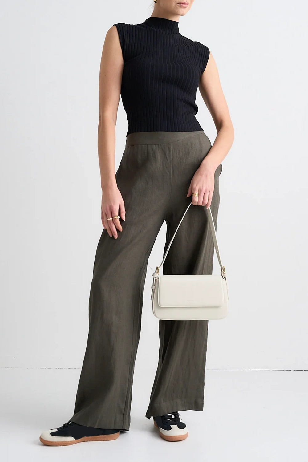 Dark Green Linen Wide - Leg Pants