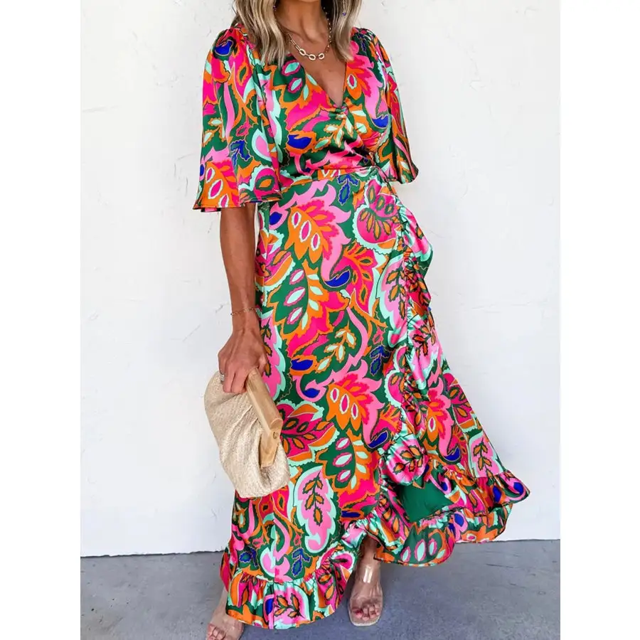 Floral Print Wrap Maxi Dress with Ruffle Details