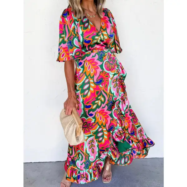 Floral Print Wrap Maxi Dress with Ruffle Details