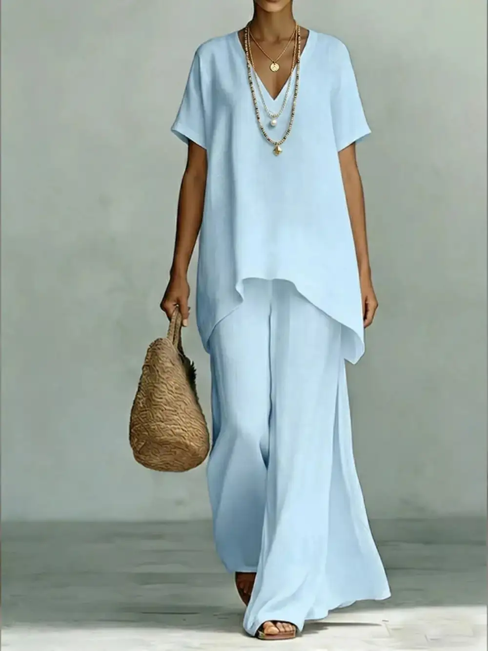 Full Size V Neck Top and Wide Leg Pants