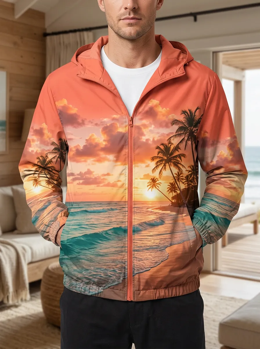 Men's Tropical Beach Sunset Palm Tree Relaxed Terrain Jacket