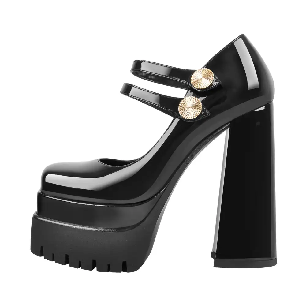 Patent Finish Square Toe Platform Chunky Heel Pumps