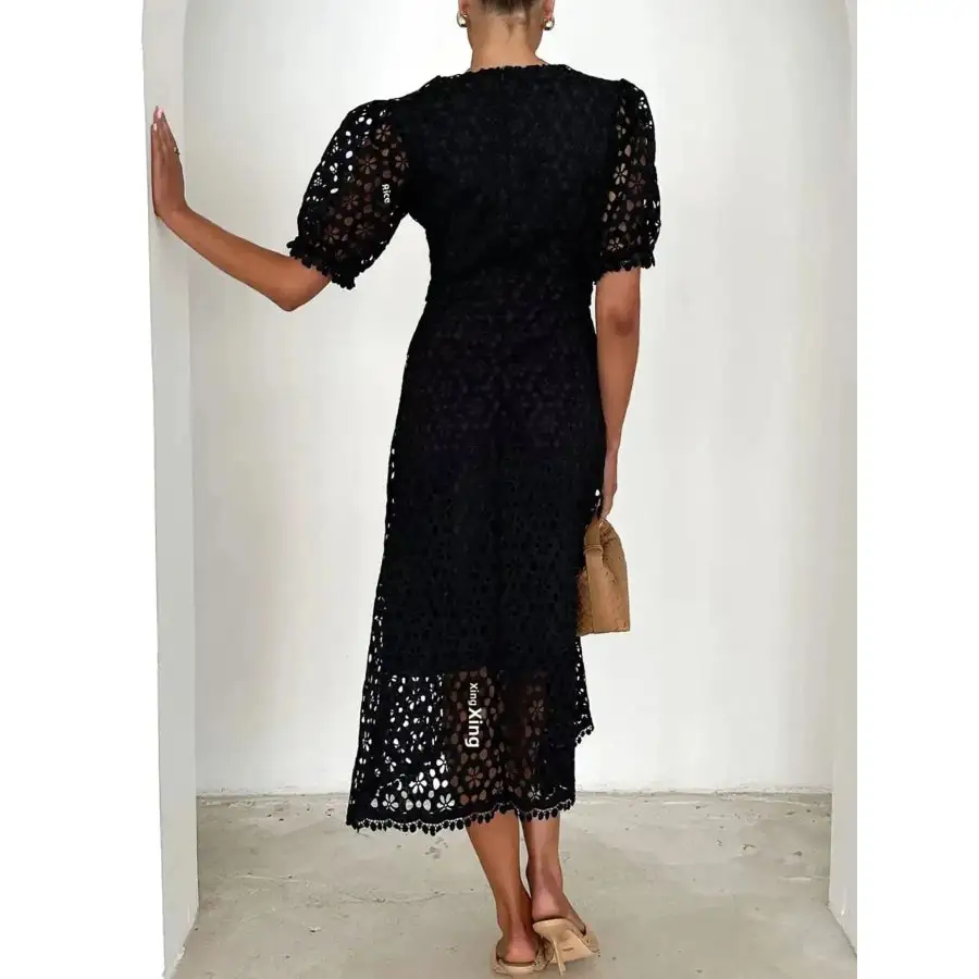 Eyelet Lace V-Neck Midi Dress with Puff Sleeves