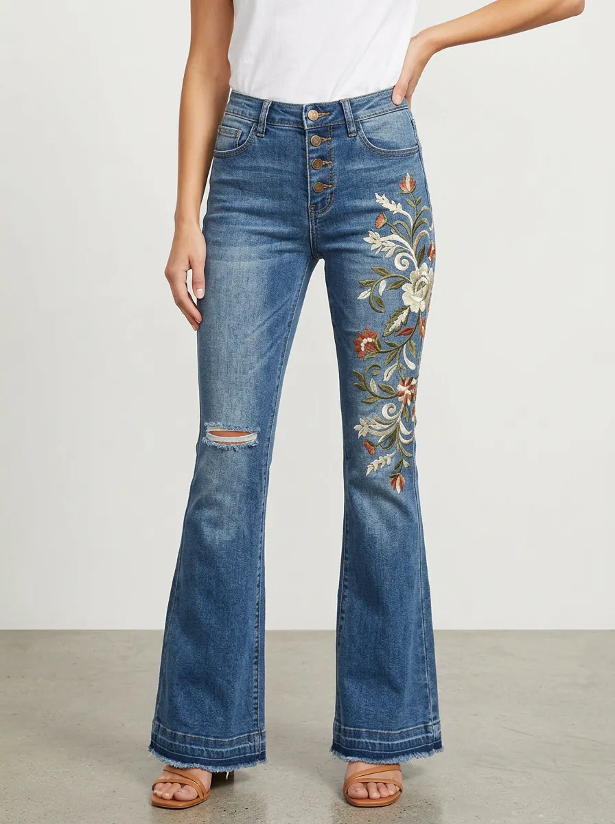 Women's Medium Wash Embroidered Flare Jeans