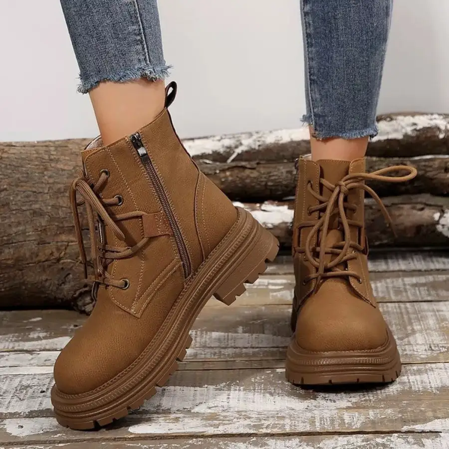 Round Toe Lace-Up Platform Boots
