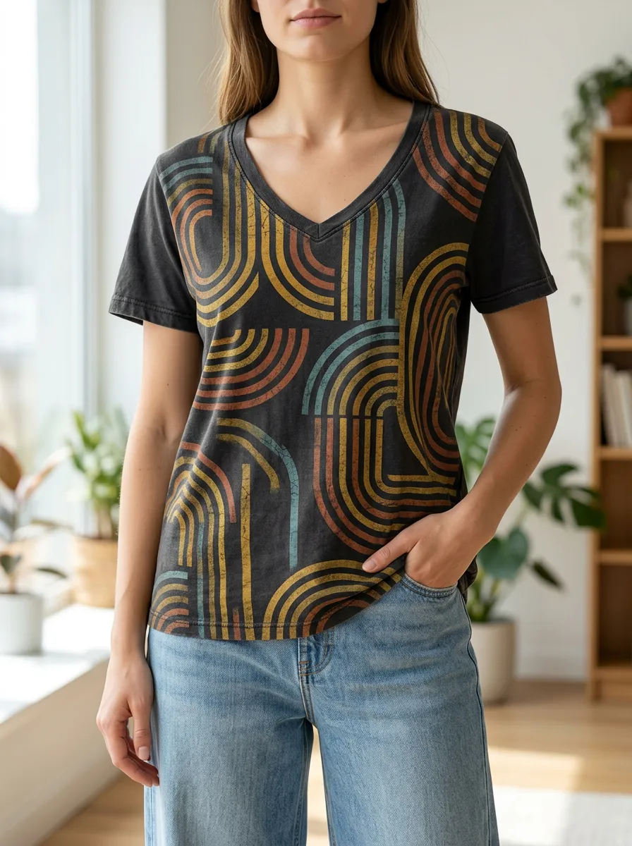 Women's Retro Geometric Rainbow Arch Printed V-Neck T-Shirt