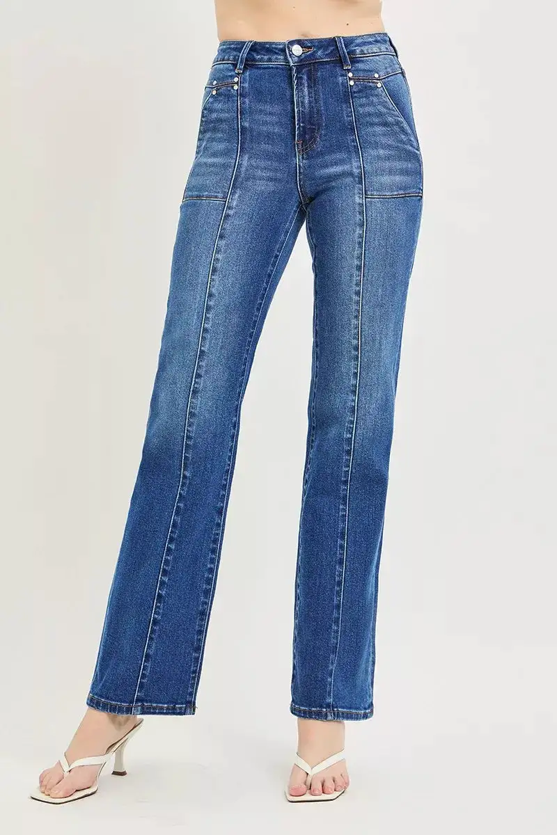 High Rise Patch Pocket Straight Leg Jeans