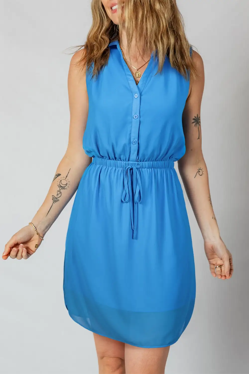 Half Buttons Collared Elastic Waist Sleeveless Shirt Dress
