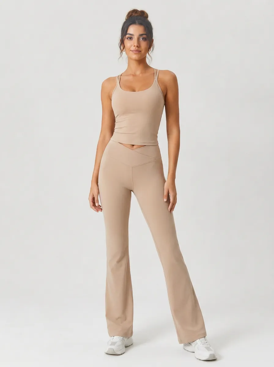 Women's Yoga Fitness Beige V-Waist Flare Leggings Tank Set