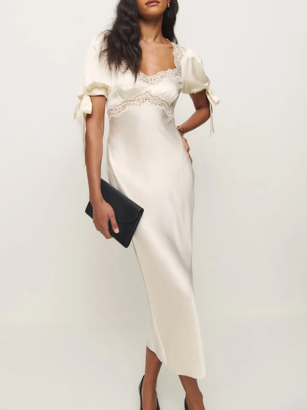 Lace Trimmed Tie Sleeve Silk Midi Dress