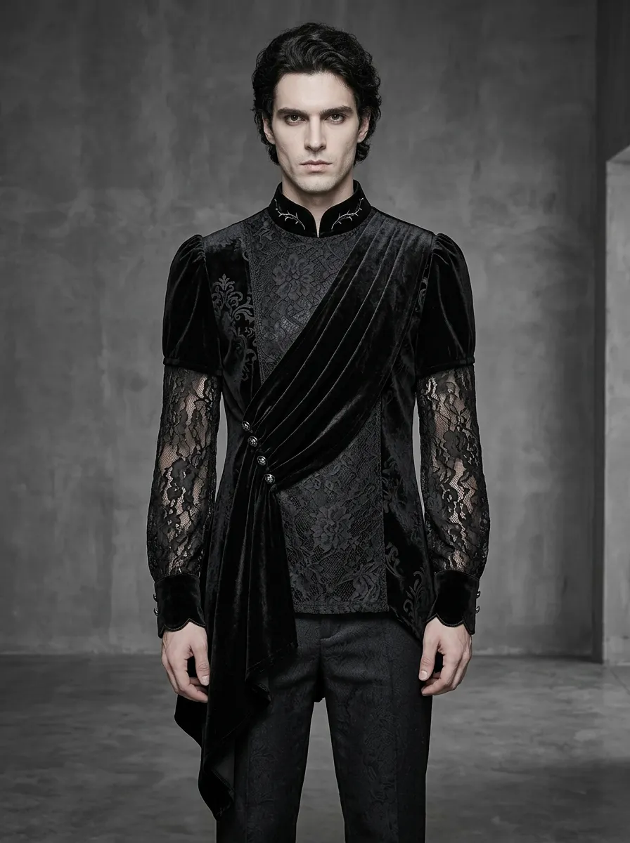 Heritage Victorian Lace Velvet Night Look Men's Gothic Asymmetric Shirt