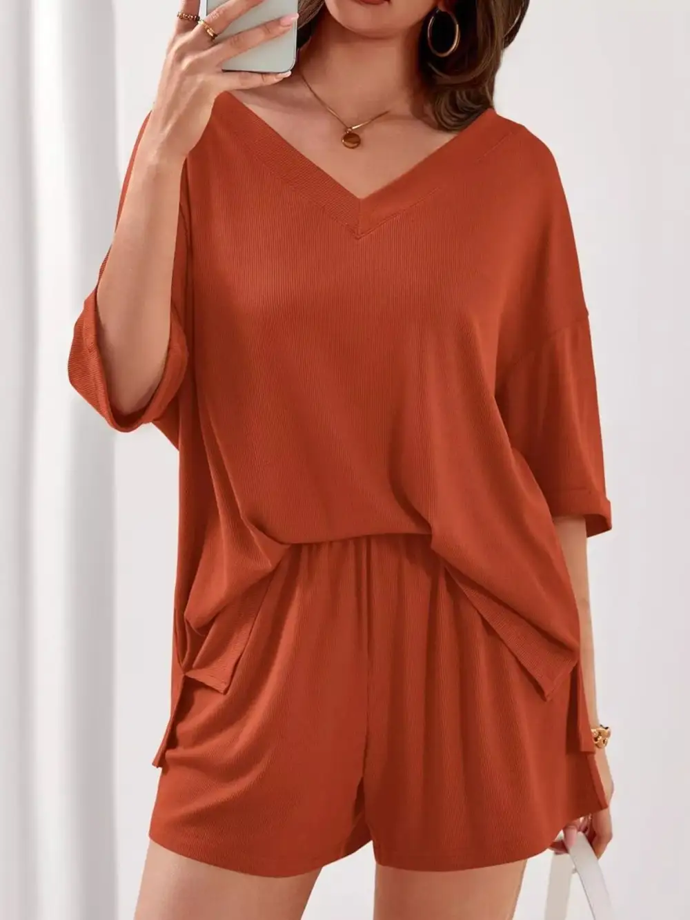 Casual Solid Color V Neck Top and Shorts Set