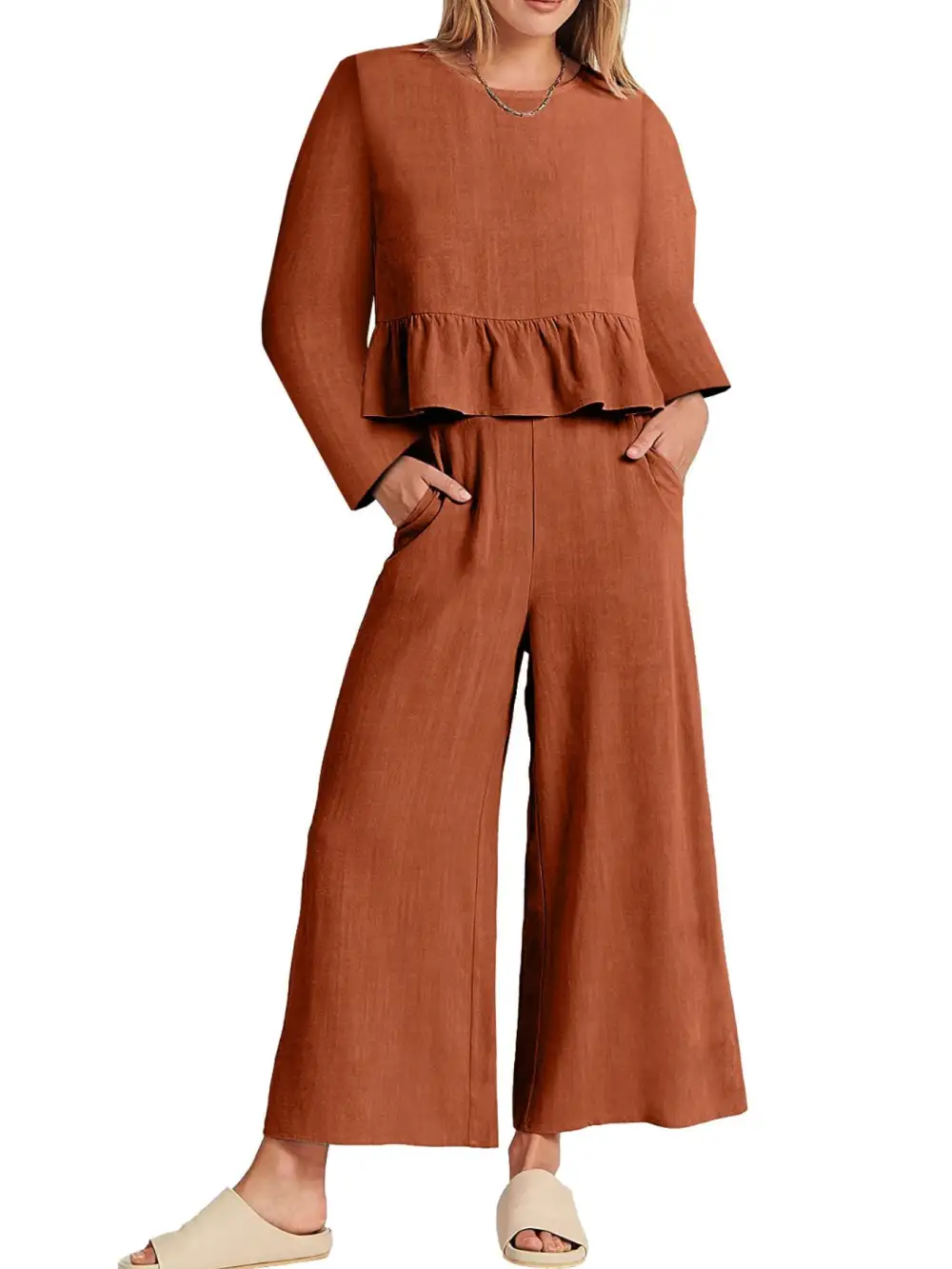 Ruffled Hem Long Sleeve Top and Pants Set