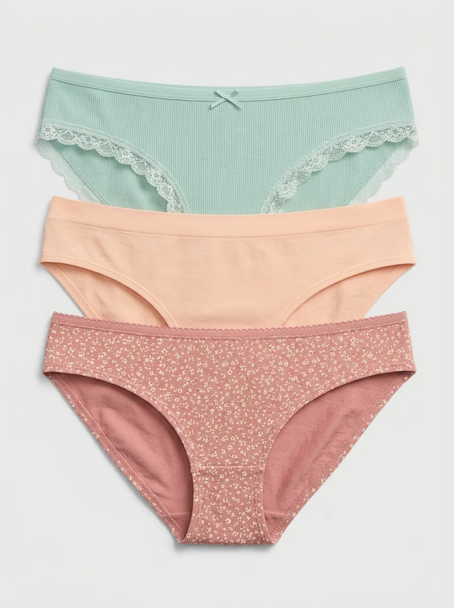Cotton Lace-Trim Ribbed Women's Three-Piece Panty Set
