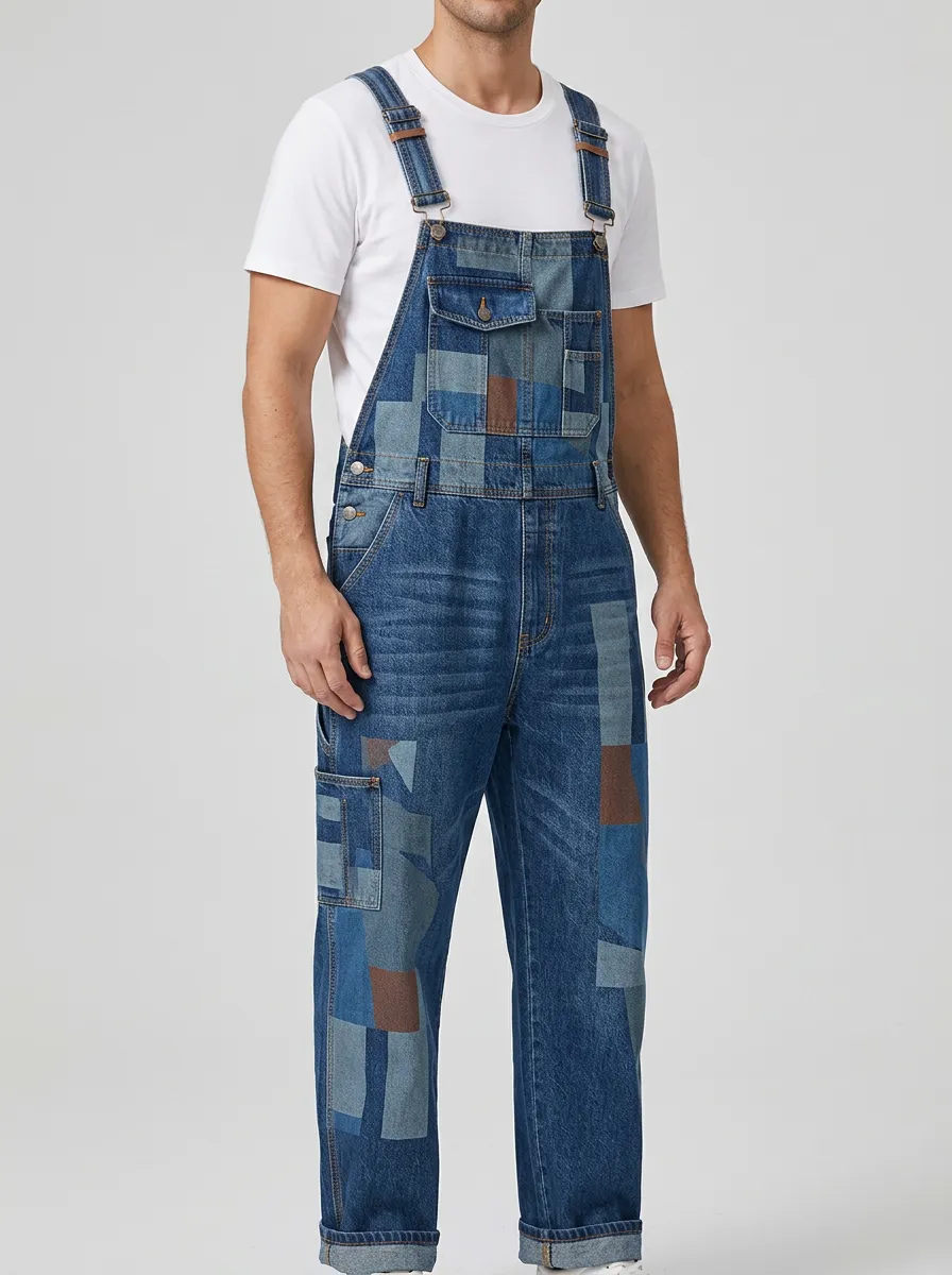 Patchwork Denim Chest Pocket Overalls