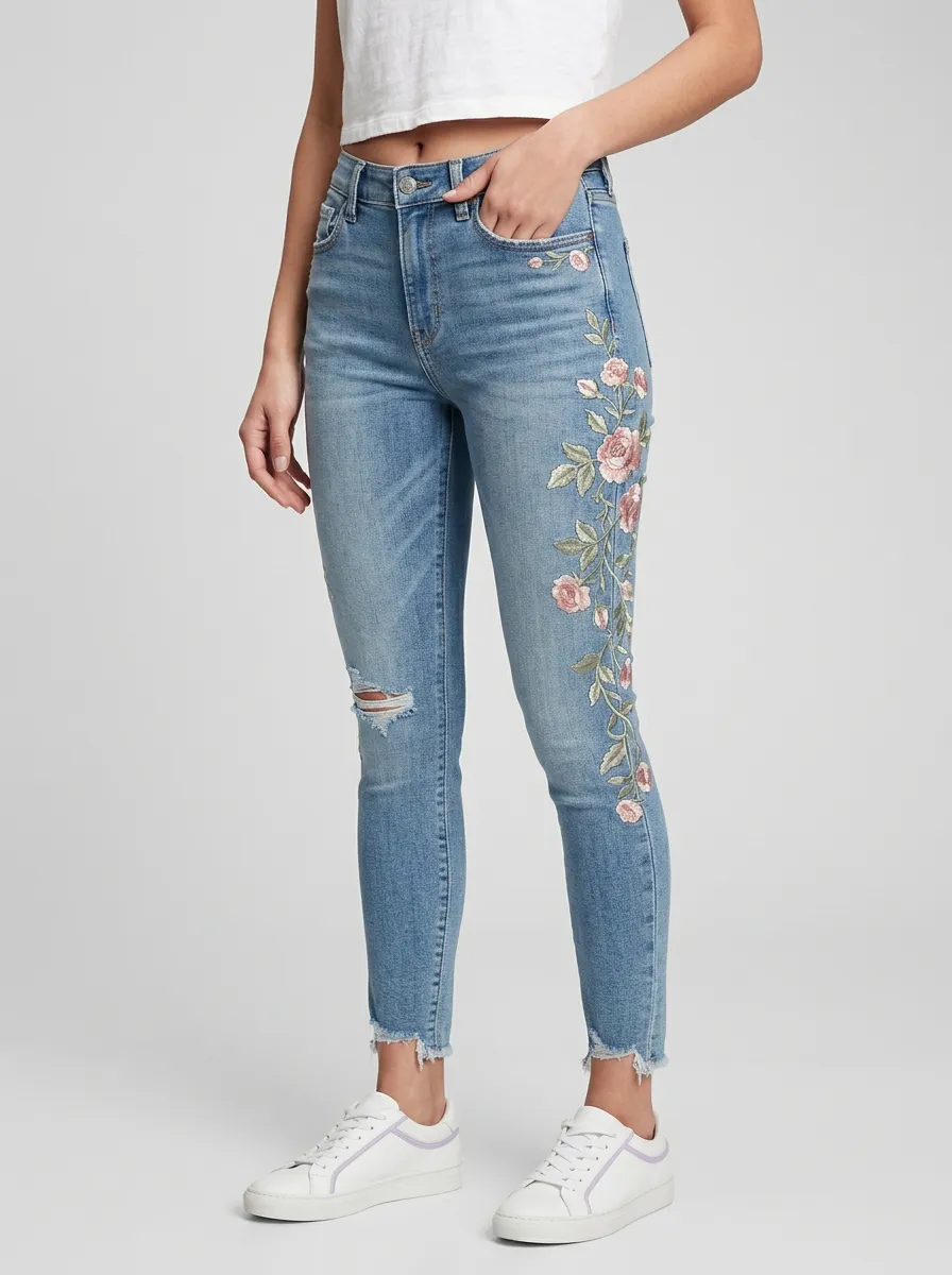 Women's Floral Pink Rose Embroidered Graphic Slim Jeans