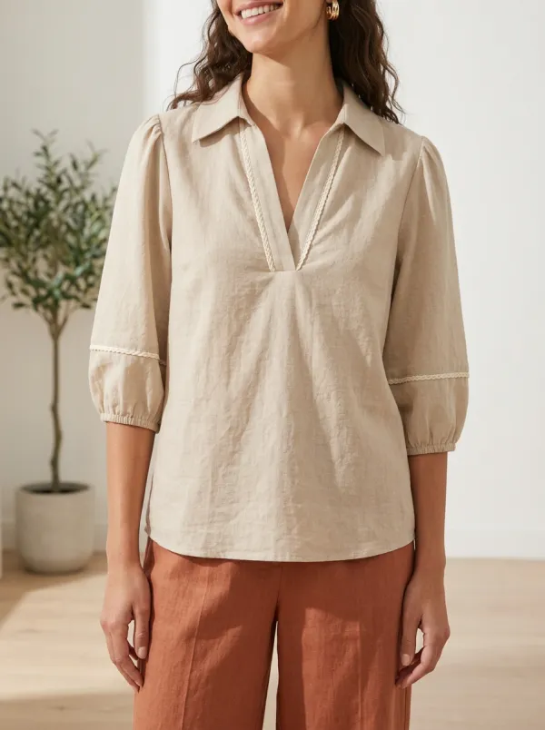 Short-Sleeve Puff-Sleeve Women's V-Neck Shirt