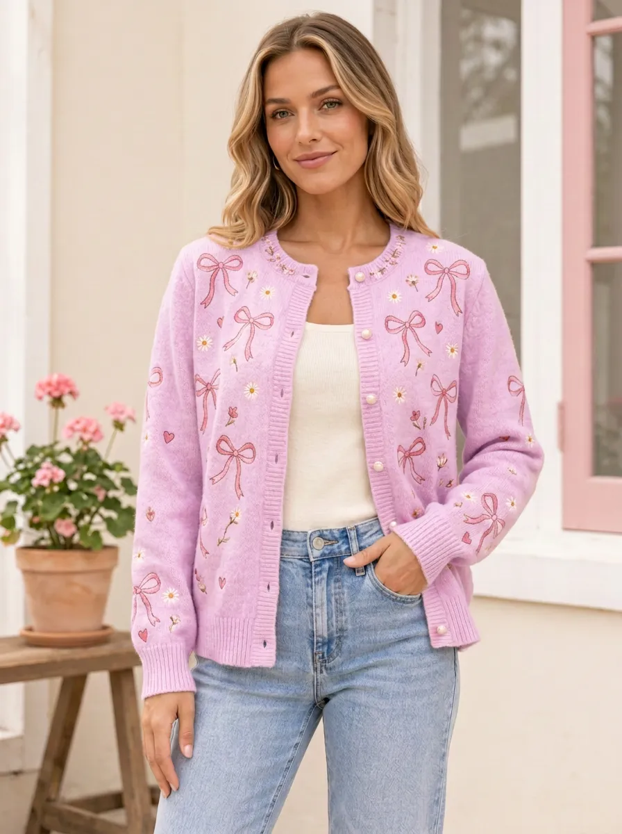 Women's Ribbon Bow Daisy Floral Embroidered Printed Cardigan