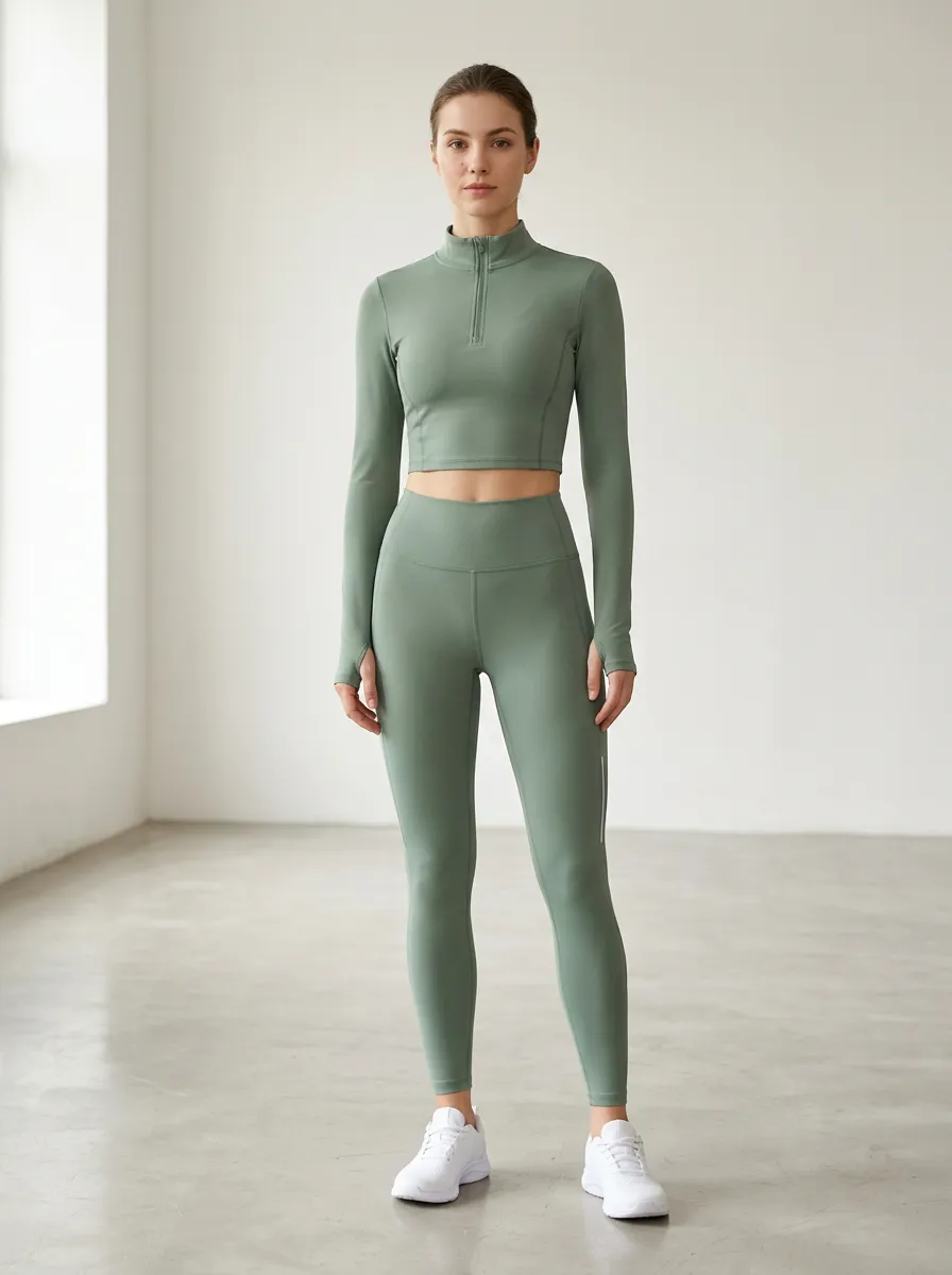 Women's Quarter Zip Crop Top Leggings Set