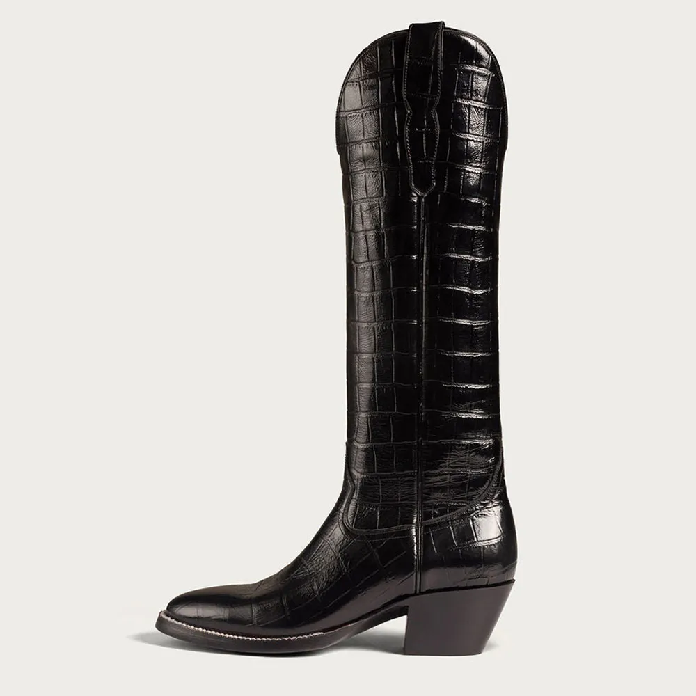 Classic Faux-Leather Crocodile-Embossed Round-Toe Chunky-Heel Knee-High Boots