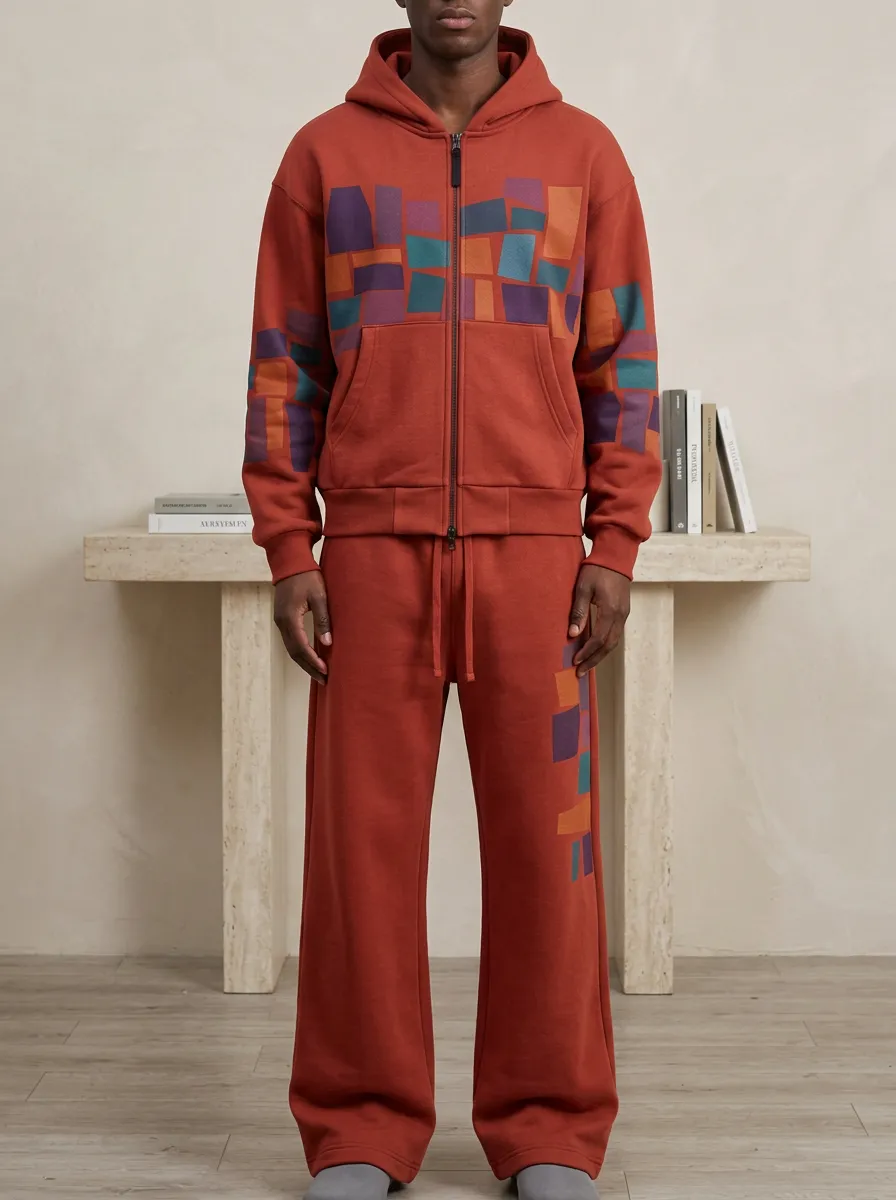 Men's Geometric Block Pattern Printed Hooded Tracksuit