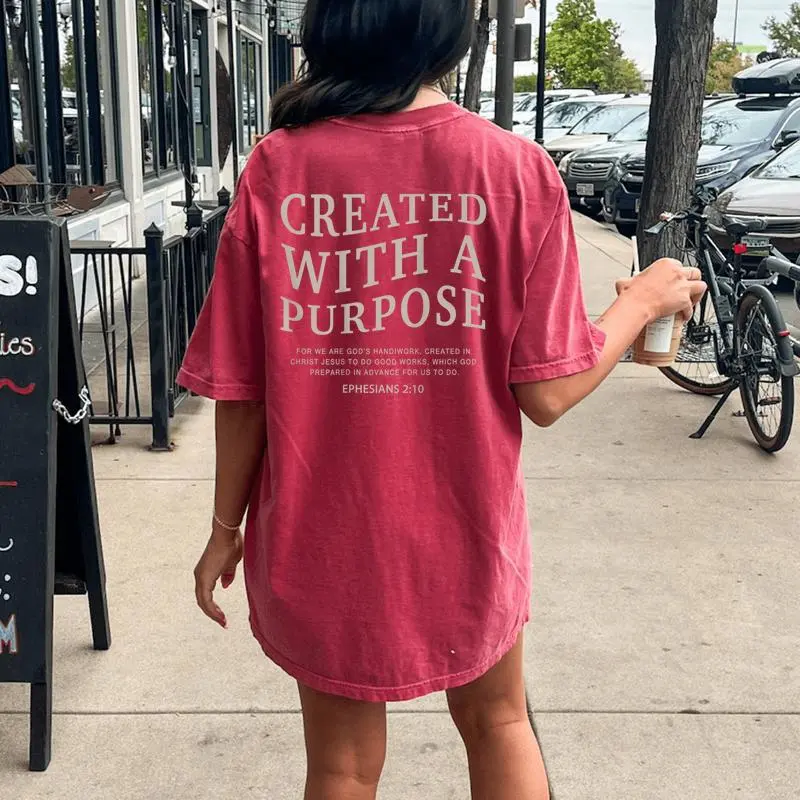 Created With A Purpose Jesus On Back Christian Bible Verse Women's Oversized Comfort T-Shirt Back Print