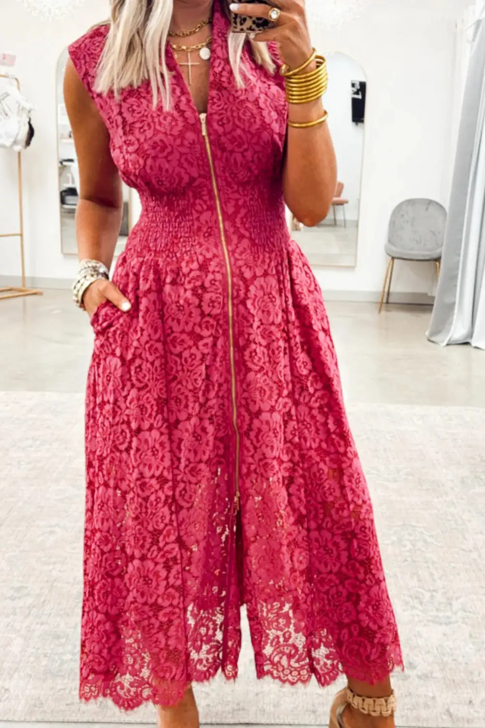 Classic Floral Lace Overlay Zip Up V Neck Smocked Waist Sleeveless Dress
