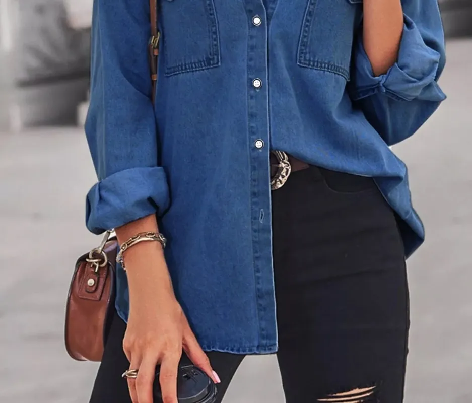 Button-Down Washed Denim Shirt with Chest Pockets