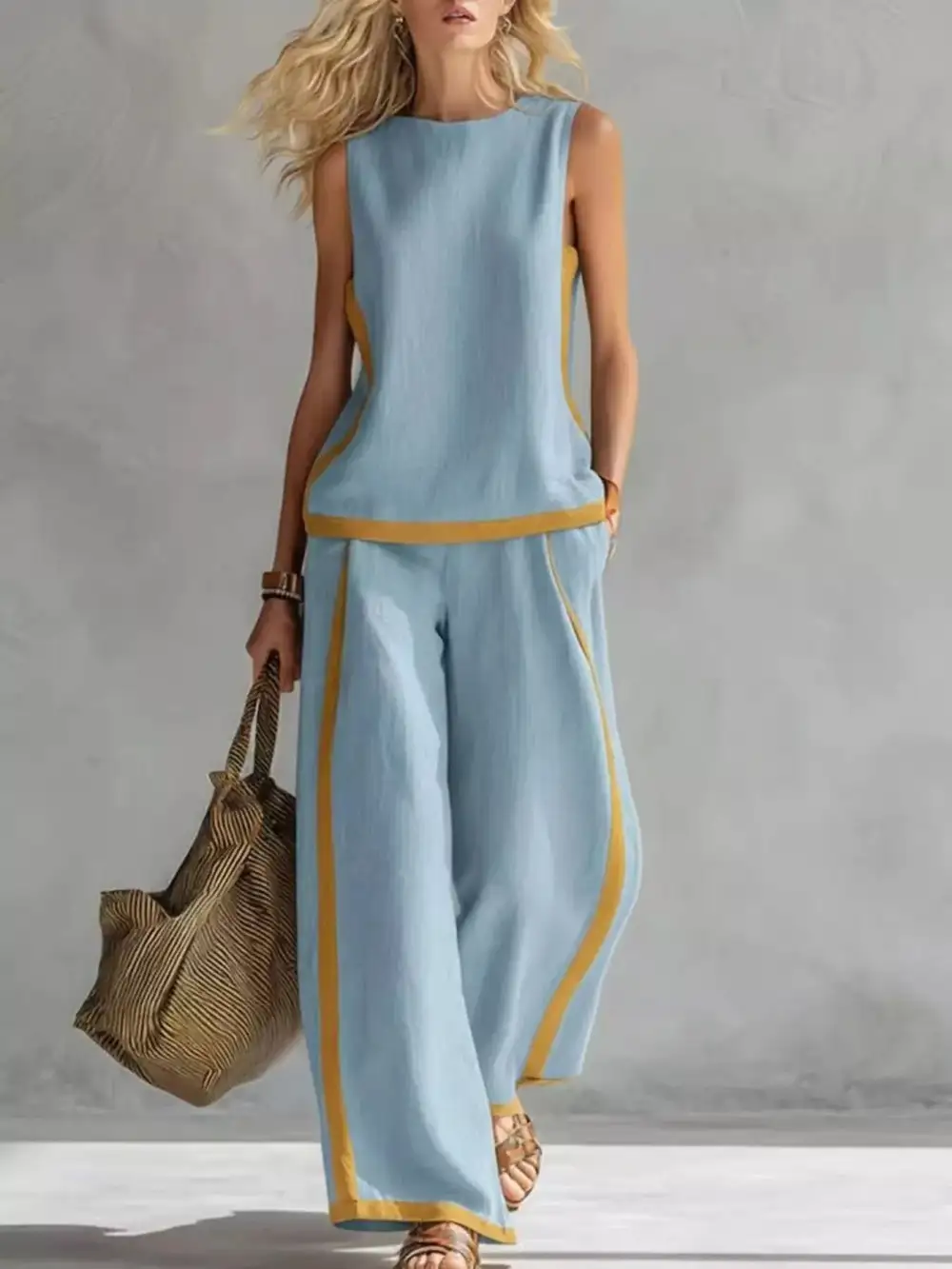 Full Size Contrast Stripe Sleeveless Top & Wide Leg