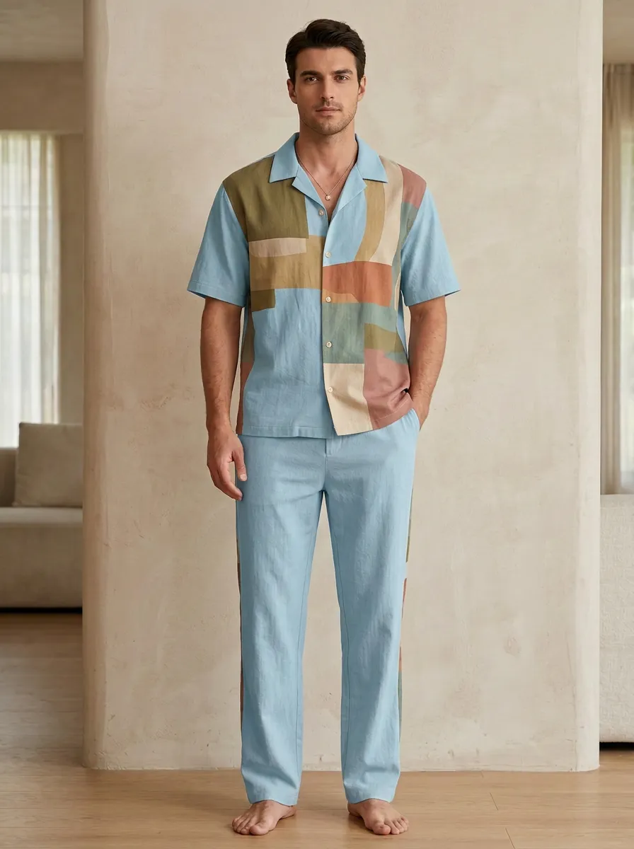 Men's Abstract Geometric Colorblock Printed Casual Set