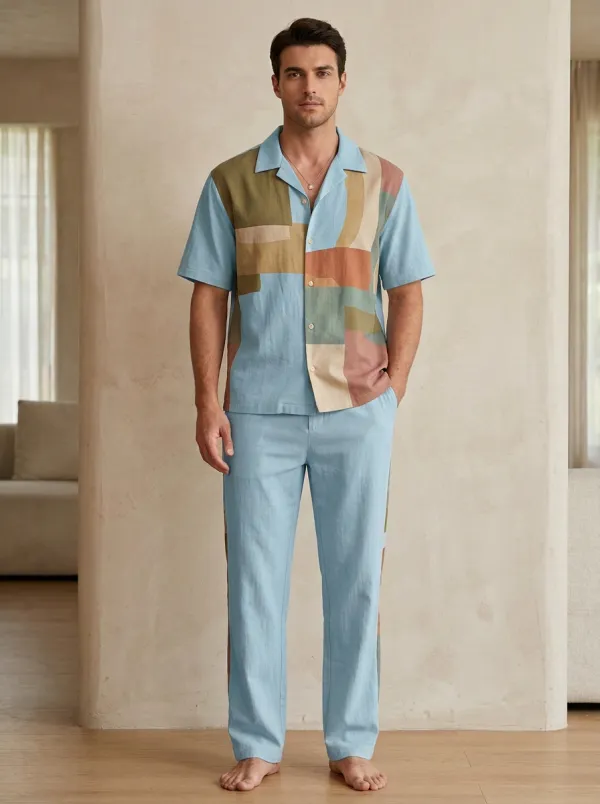 Men's Abstract Geometric Colorblock Printed Casual Set